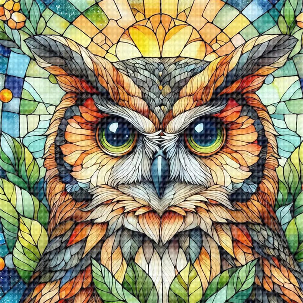 Full Embroidery Eco-Cotton Thread 11CT Print Stain Glass Owl Cross Stitch