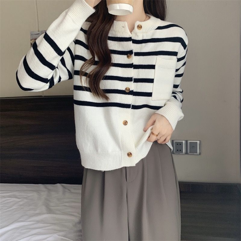 Japonský měkký lepkavý svetr do O Neck Dámský proužkovaný kardigan 2023 jarní volný pletený svetr s dlouhým rukávem dámský kardigan kabát top