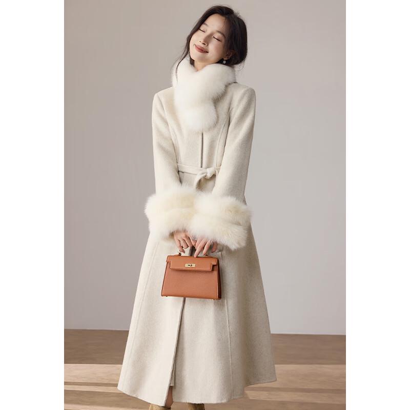 VICTORIA&VERA Women's Fox Fur Collar Wool Long Coat
