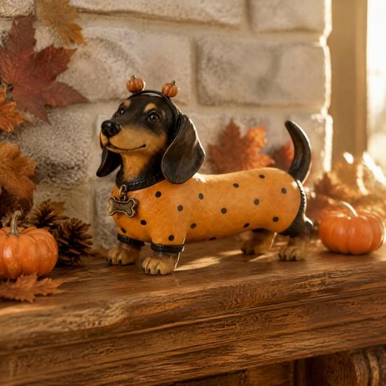 Cute Dog Figurines for Thanksgiving Fall Harvest Dachshund Figurine, Halloween Statue with Pumpkin Headband Polka Small Ornament Fireplace Dot Outfit,