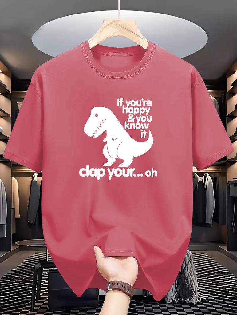 Men's Dinosaur Overlord Print T-Shirt - Casual Crew Neck, Regular Fit, Slight Stretch, Summer Short-Sleeve Tee - 180gsm