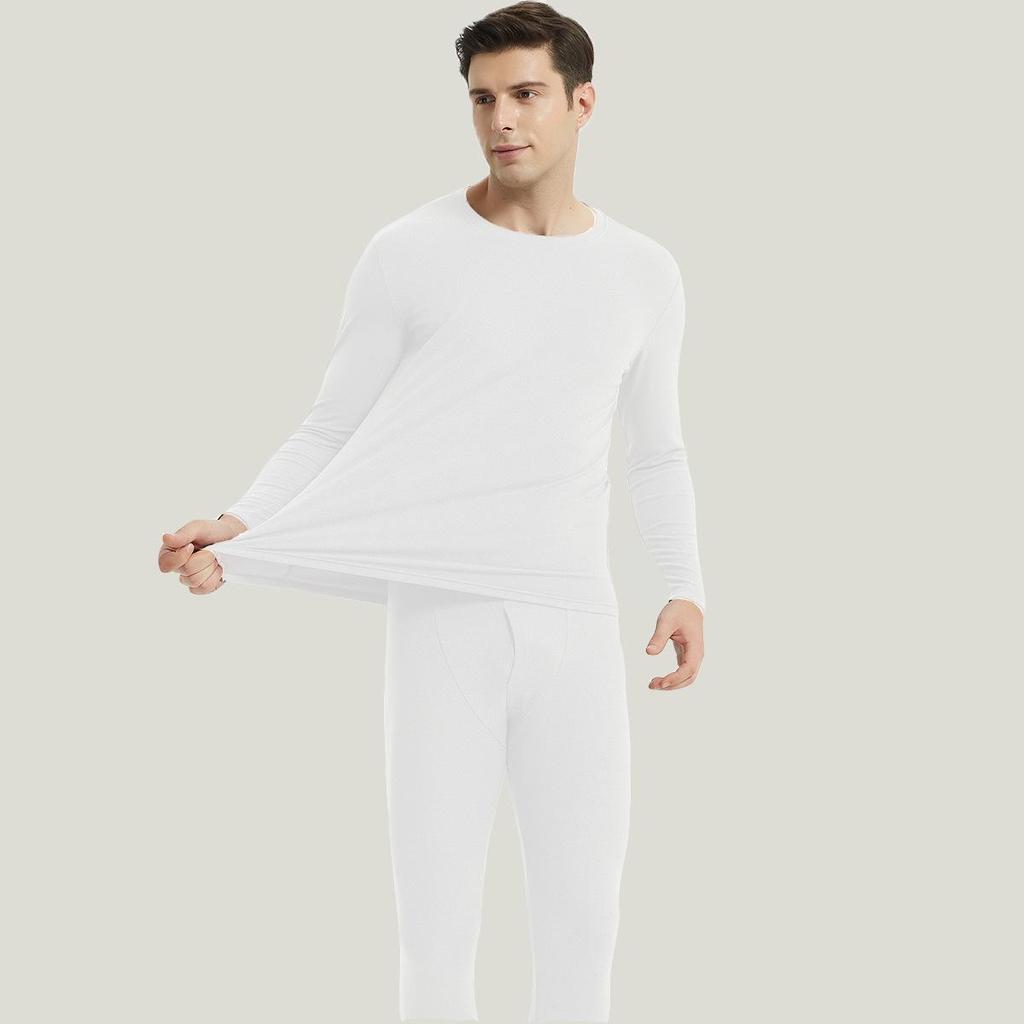 Solid Color Double-Sided Brushed Warm Base Layer Set for Women & Men - Round Neck Top & Pants for Autumn