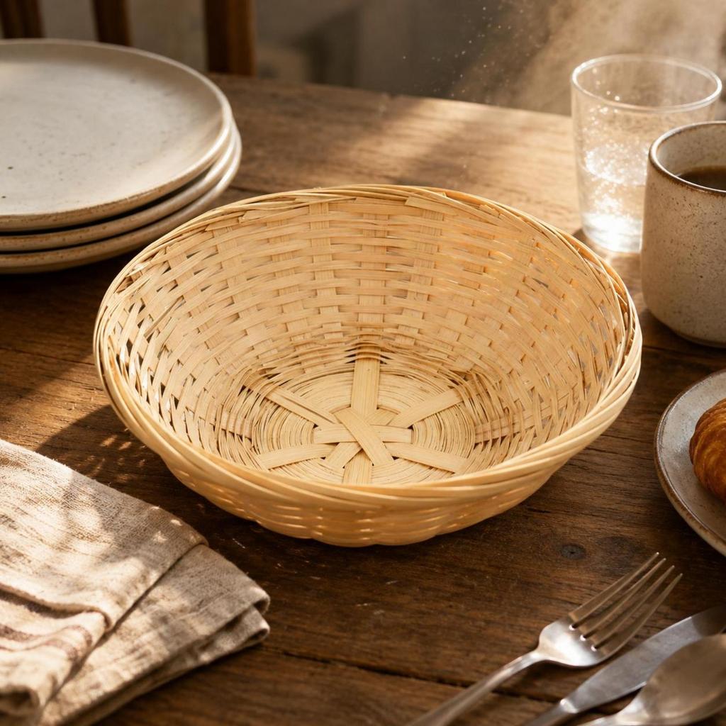 Round Bamboo Basket Handwoven Woven OpenWeave Storage Item for Tabletop