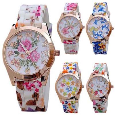 Women Flower Print Silicon Band Arabic Numerals Dial Quartz Wrist Watch