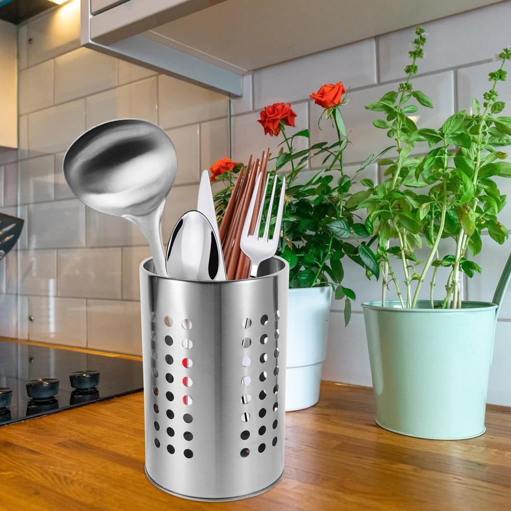 Stainless Steel Kitchen Utensil Holder Flatware Cylinder Silverware Draining Organizer Drying Rack with Round Drain Holes for Forks, Knives, Spoons,