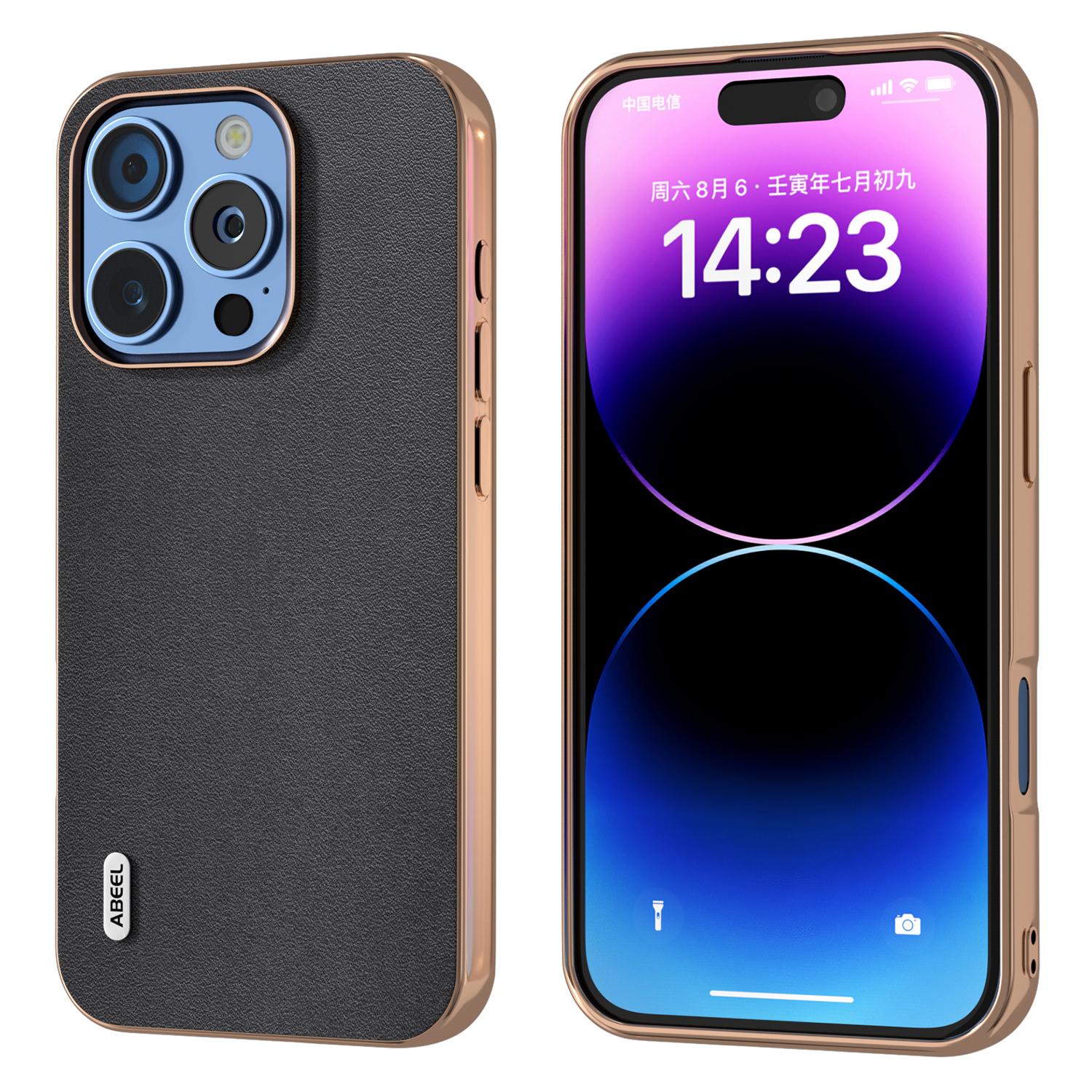 ABEEL For iPhone 16 Pro Case Electroplating Edge Genuine Cow Leather+PC+TPU Phone Cover B