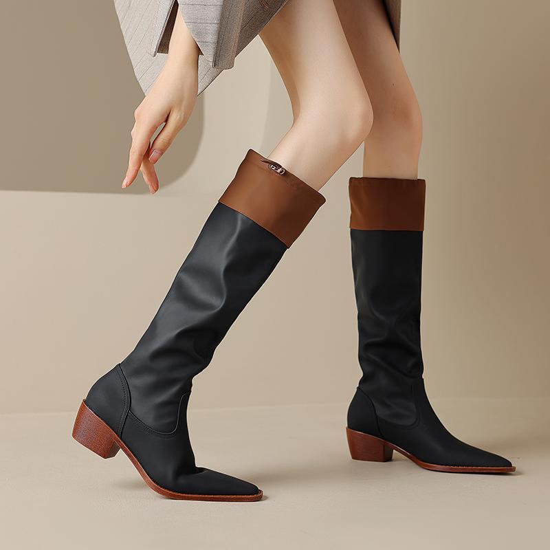 Fashionable High Quality Mid-tube Boots for Women's Color Blocking Pointed Design Womens Leather Platform Boots Botas Para Mujer