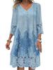 Womens V-Neck 3/4 Sleeve Summer Dress Fashion Flower Print Lace Hollow Out Mini Dress