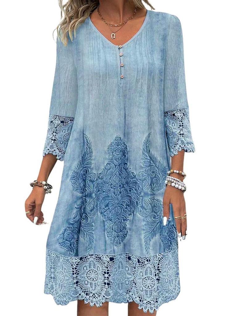Womens V-Neck 3/4 Sleeve Summer Dress Fashion Flower Print Lace Hollow Out Mini Dress