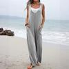 Women Casual Loose Long Bib Pants Sleeveless Wide Leg Baggy Jumpsuits Cotton Romper Overalls with Pockets