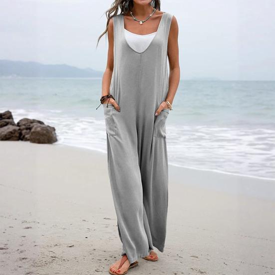 Women Casual Loose Long Bib Pants Sleeveless Wide Leg Baggy Jumpsuits Cotton Romper Overalls with Pockets