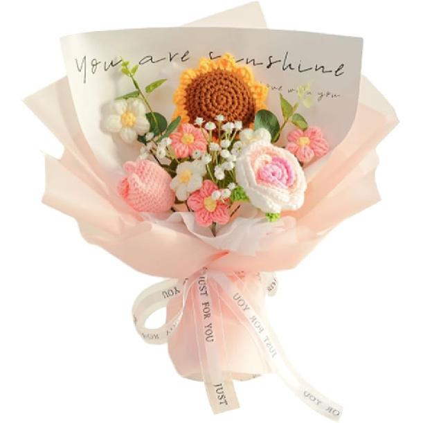 Crochet Flowers Bouquet Sunflower Rose : Handmade Knitted Bouquet for Mother's Day Birthday Home Decor Girlfriend (Pink)