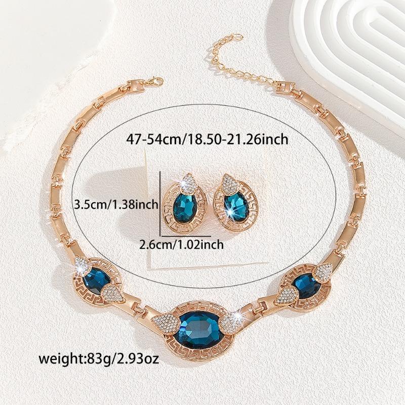 Gold Zinc Alloy with White Rhinestones Blue Crystal Necklace Earrings Set Women's Jewelry