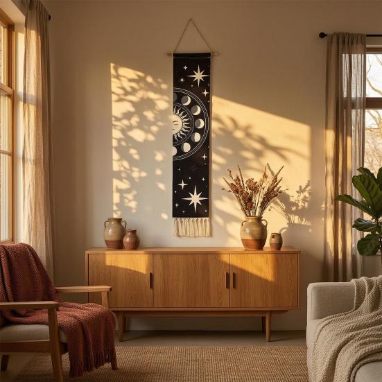 Fringed Tapestry, Soft Cotton with Sun Moon Star Prints Wall Hanging, Bohemian Style Doorway Curtain for Bedroom Living Room