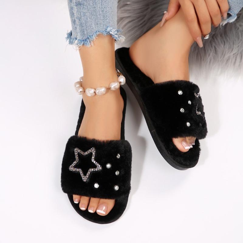 Fashion 2025 Autumn/winter Women New Round-toe Thick-soled Flat Mid-heel Fur Sandals Star Rhinestone Slippers Home Slippers