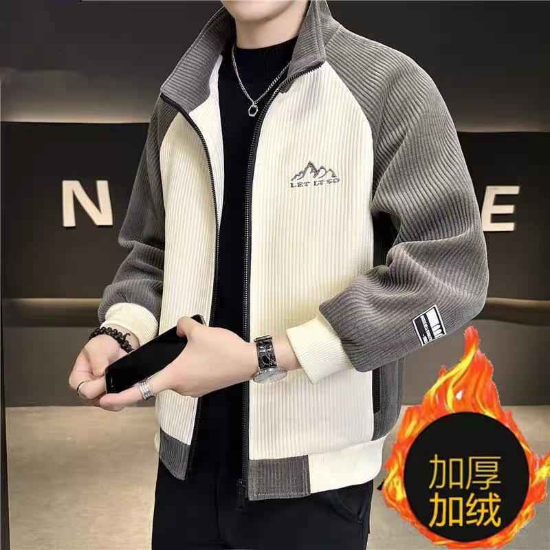 2026 Autumn and Winter New Velvet Thickened Men's Stand-up Collar Jacket Korean Version Splicing Casual Corduroy Jacket Men