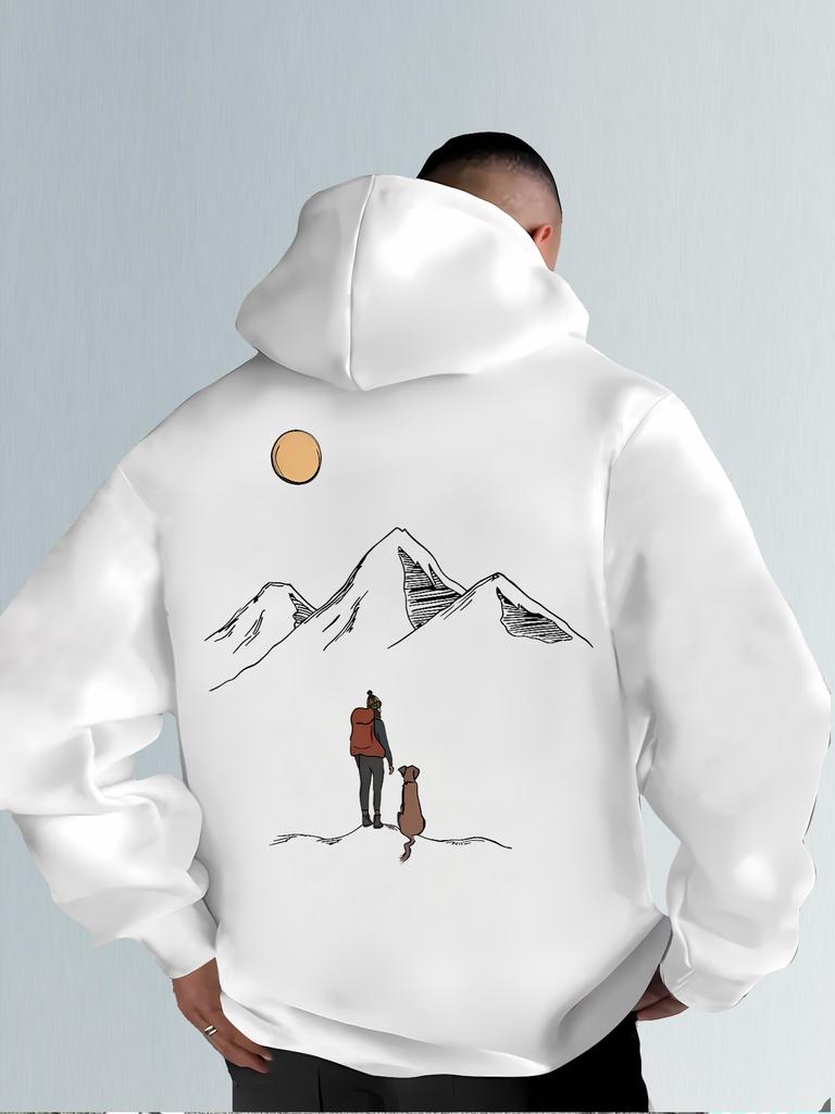Men's Hooded Sweatshirt with Mountain Map Pattern on The Back. Warm Winter Hooded Pullover Suitable for Hiking Camping Daily Use