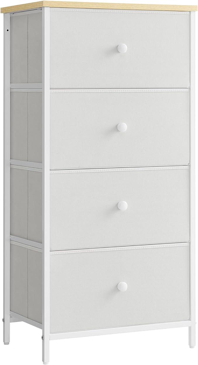 SONGMICS Kommode Schlafzimmer, Schubladenschrank, Kommode mit 4 Stoffschubladen, Metallrahmen, Hoch und Schlank, für Kleiderschrank, Weiß und Eiche weiß