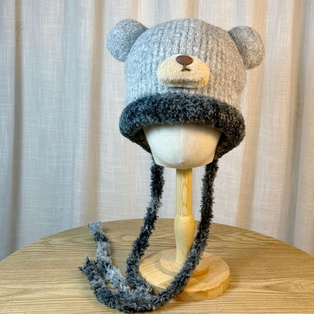 New Cute Bear Knitted Hat for Women in Autumn and Winter Warm Plus Velvet Ear Protection Hat Cold Proof Pullover Woolen Hat