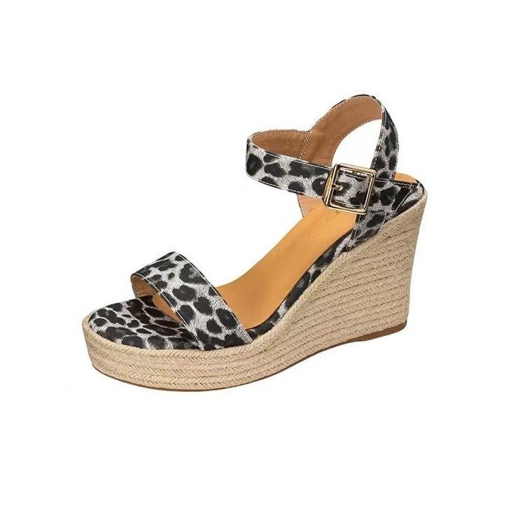 Summer New Hemp Rope Wedge Heel Sandals Fish Mouth Leopard Print Surface Platform High Heel One-word Sandals Versatile Women's Shoes