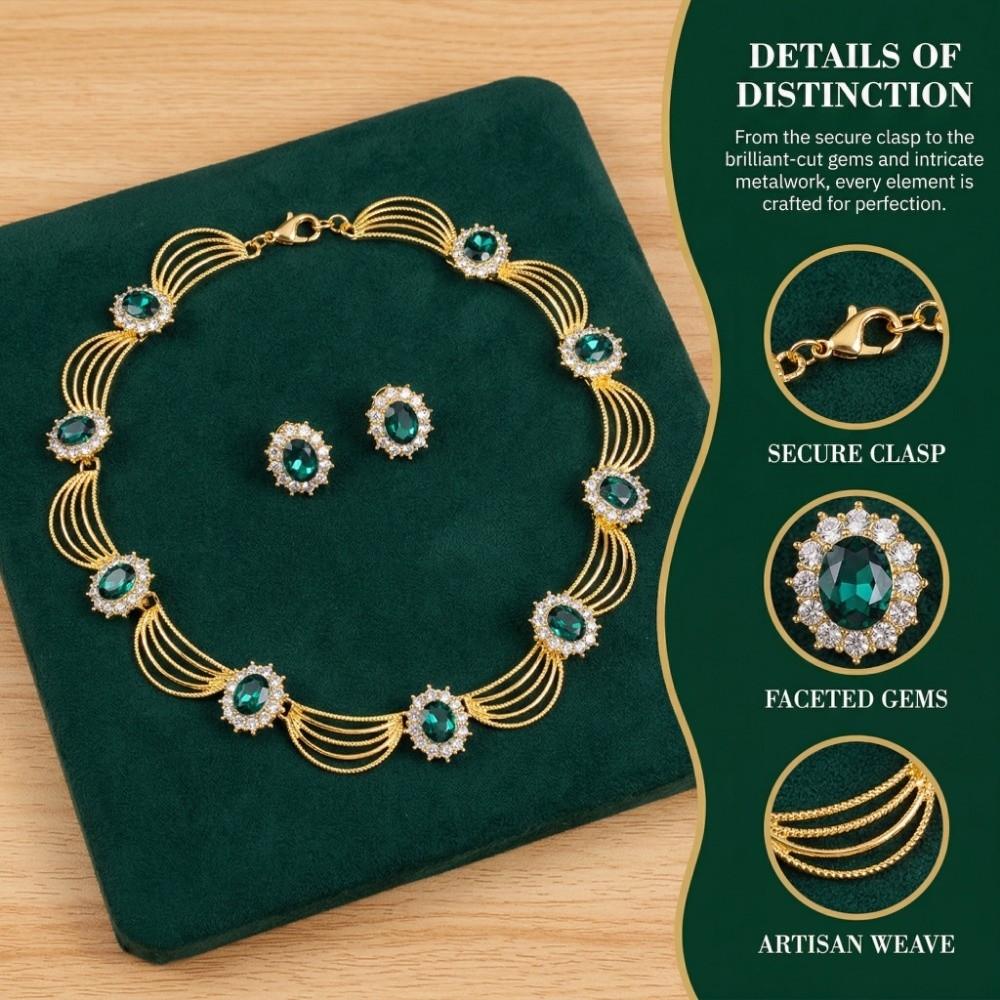 Gold-Tone Gemstone Necklace Set Geometric Statement Jewelry Set Earring Matching Set  Women