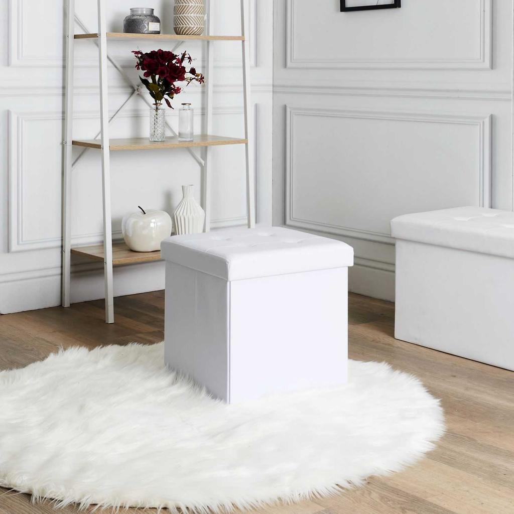 Vels FOLDABLE POUFFE, ECO LEATHER, White, with Storage Compartment