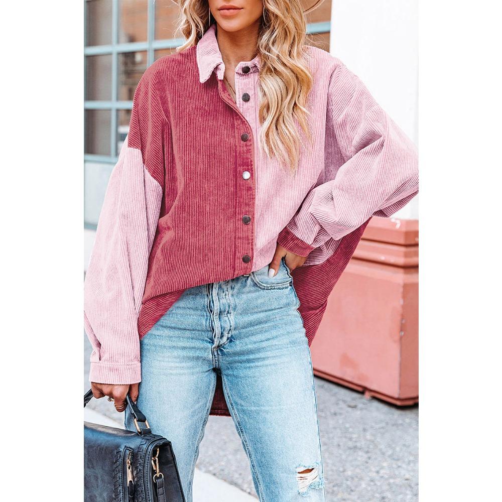 Women's Loose Casual Color Blocked Lapel Button Long Sleeved Shirt Top Long Sleeved Shirt