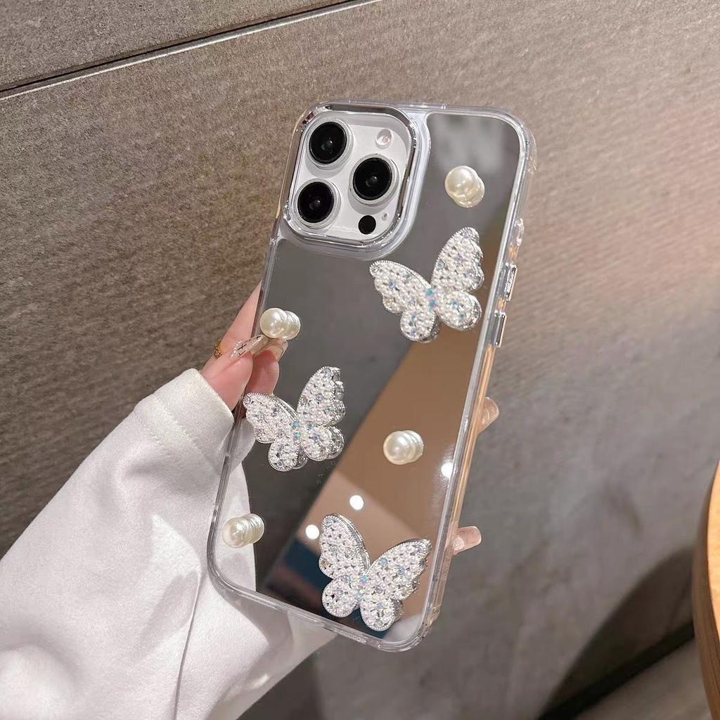 Makeup mirror three-dimensional butterfly for Apple 16PROMAX mobile phone case three-dimensional pearl Apple 16/15P protective case