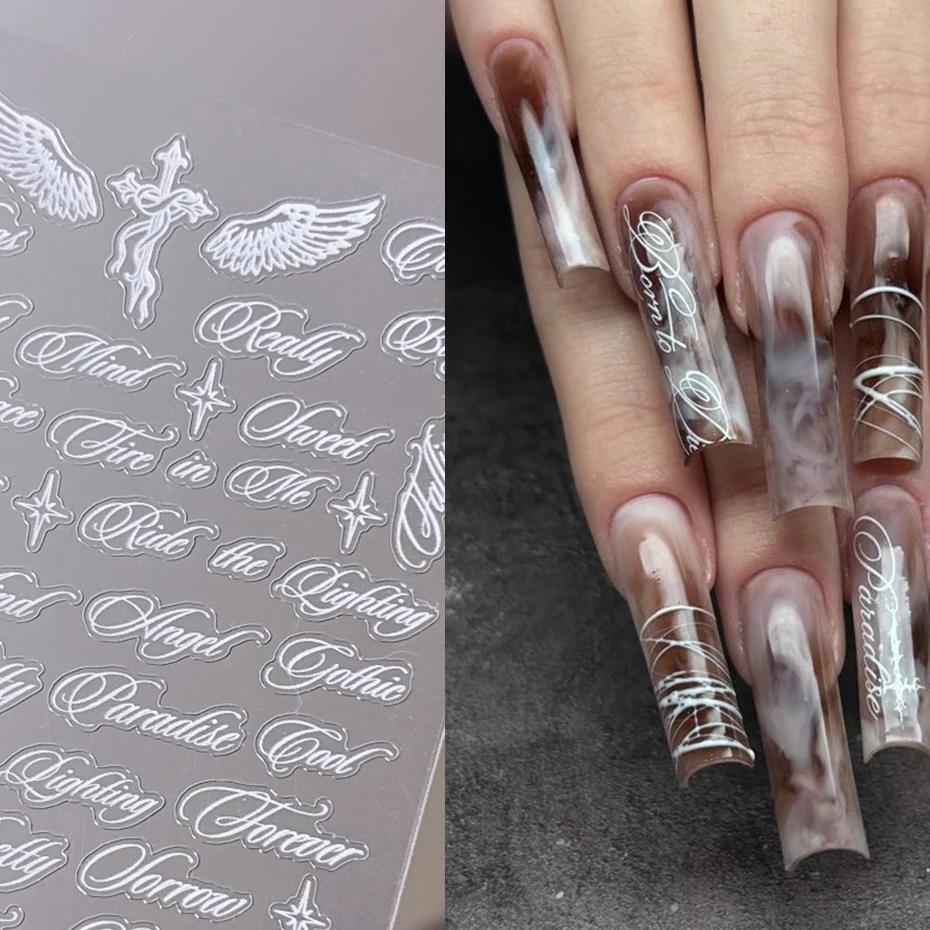 Black And White Letter Words Nail Stickers - Angel Wings Letter Mixed Designs Holographic Y2K Nail Decals Simple Diy Nails Art