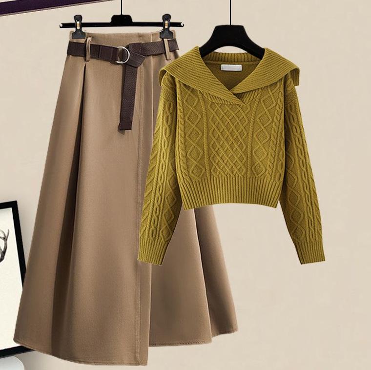 

Комплект из двух предметов: японский свитер и юбка с темно-синим воротником в стиле ретро, осень 2024 г., короткий топ. XXXXL