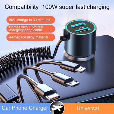100W Dual USB Car Charger Adapter Fast Charge Metal Car Charger With Triple Wire Dual USB With Cable