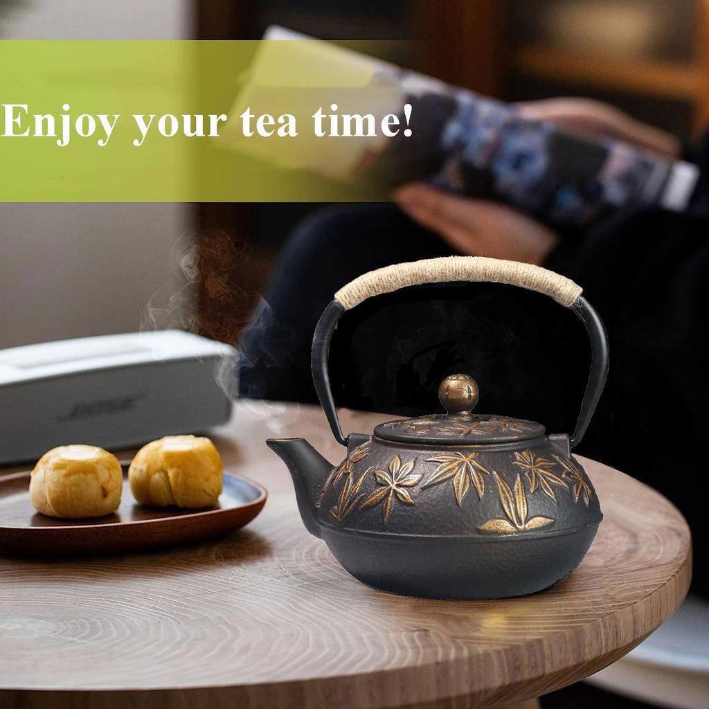 Iron Teapot, No Enamel, Iron Supplement, Teapot with Strainer, Induction Cooking, Direct Heat, Stylish, Gold Maple Leaf Design, 800ml