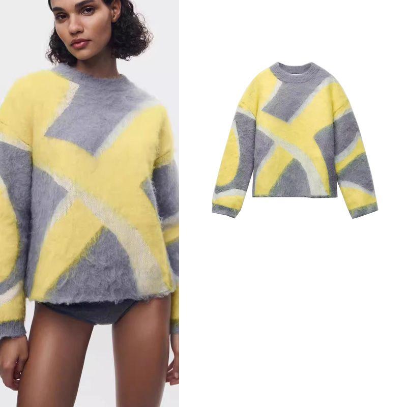 Fall and Winter New Arrival Women's Clothing Oumeitong Diligent Style Loose Round Neck Long Sleeves Splicing Knitwear Sweater 2893118