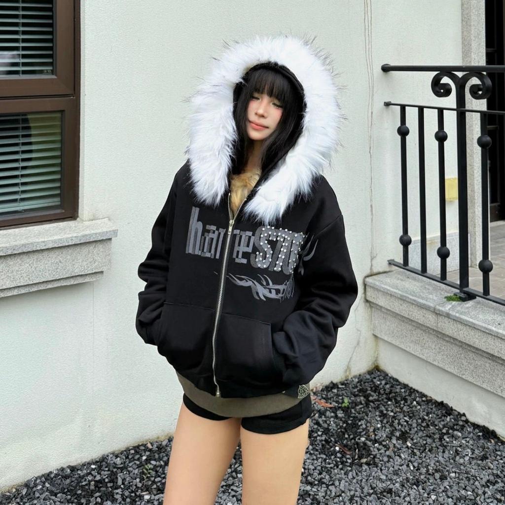 Street Letter Embroidered Fur Collar Hoodies for Women New Autumn Winter Baggy Casual Versatile Zipper Cardigan Sweatshirts