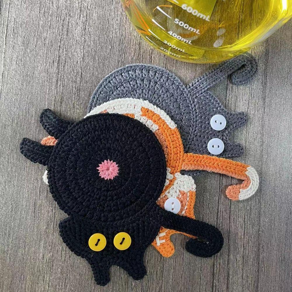 Lovers Gifts Cute Cat Butt Coasters Knitted Non-Slip Mug Coaster Absorbent Pads Heat-Resistant Cute Cat Coasters Home Decor