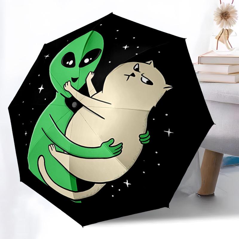 1pc Alien Cat UFO Automatic Folding Umbrella with 8 Bones, 3-Fold Compact Umbrella, Compact Design On-the-Go Essential, casual outdoor acces