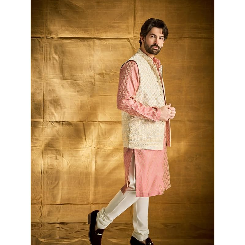 SOJANYA (Since 1958 Men' Ethnic Motifs Woven Design Silk Blend Kurta & Churidar With Nehru Jacket