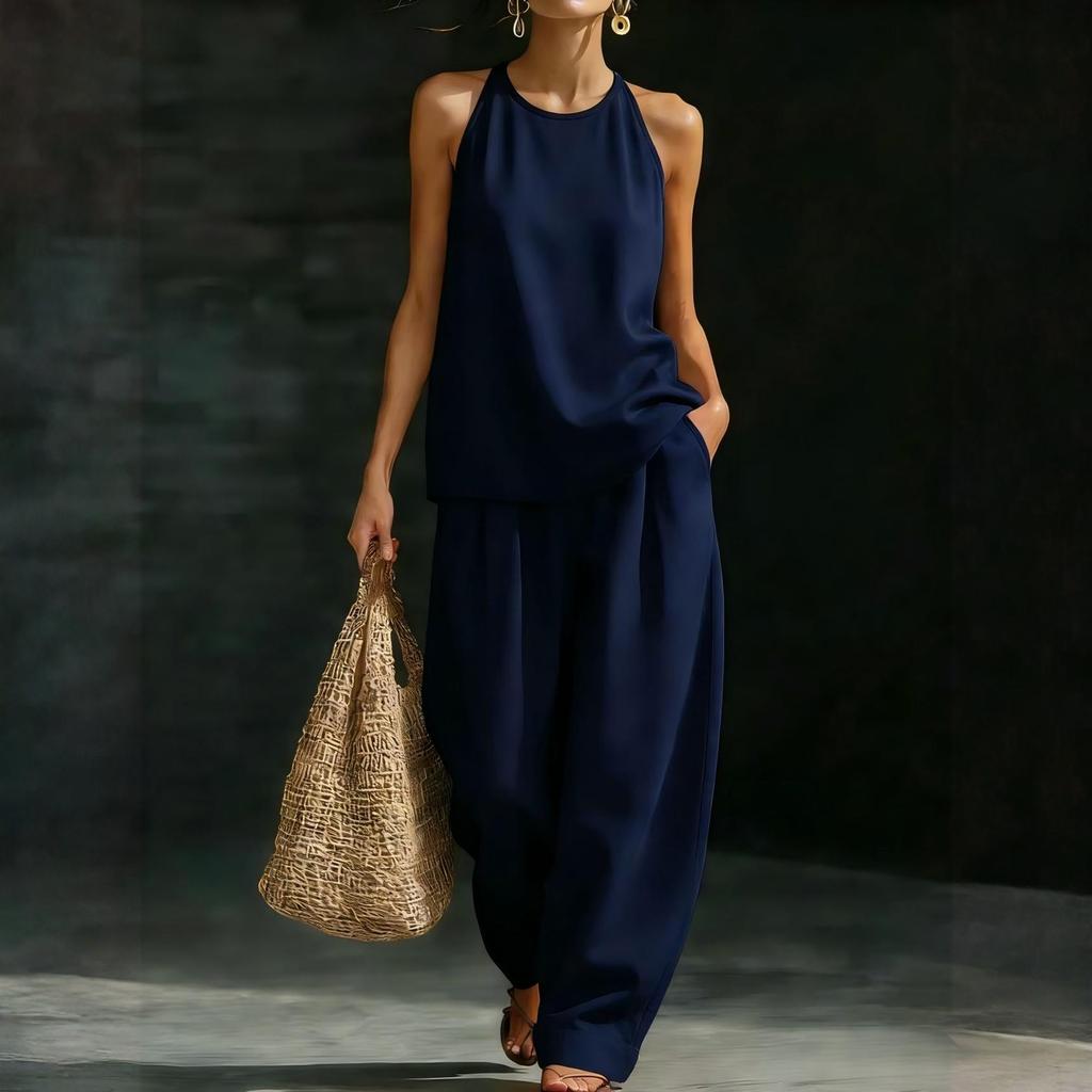 Women's Round Neck Sleeveless Top And Trousers Fashion Casual Suit