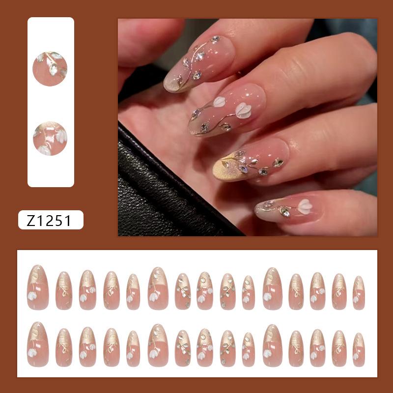 Z1251 Gentle Rhythm Cat Eye Floral Glue On Medium Almond Nails Sweet European For Ladies Non Special Cosmetics