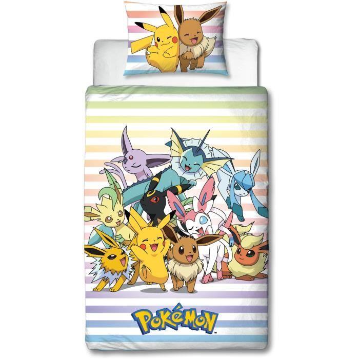 Parure De Lit Réversible - POKEMON - Pikachu Et Evoli - Microfibre - 1 Housse De Couette 140 X 200 Cm + 1 Taie 63 X 63 Cm