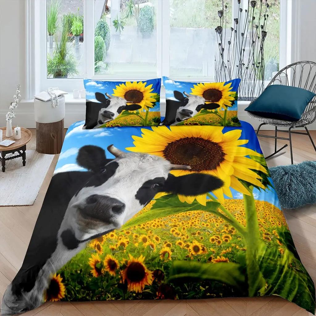 Cartoon Highland Cow Duvet Cover Set Western Animal Bedding Set 3D Ocean Bull Cattle Comforter Cover Floral Branches Quilt Cover