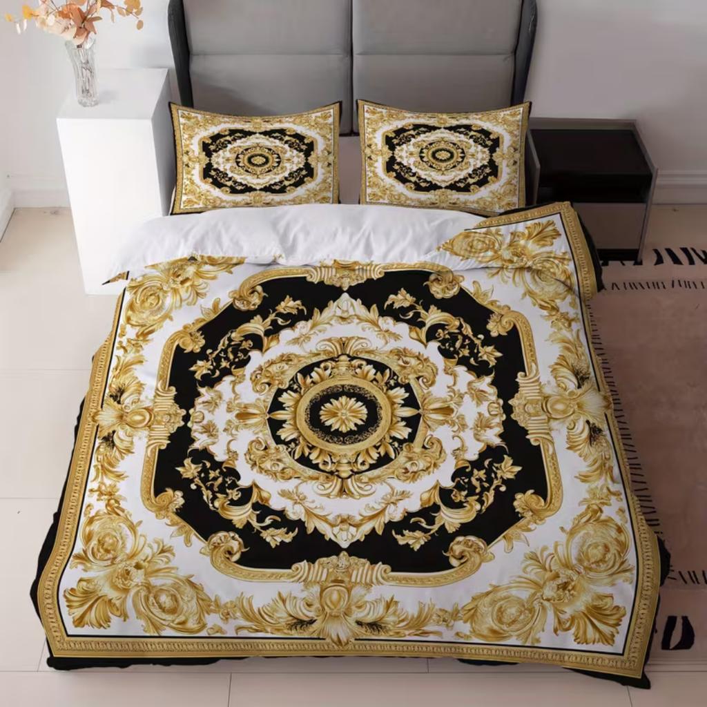 3-teiliges Luxus-Bettwäsche-Set mit goldenem geometrischem Druck, Barock-Bettbezug-Set für Zuhause, Studentenwohnheim-Dekoration, Einzel-, King-, Queen-Größe 228x228