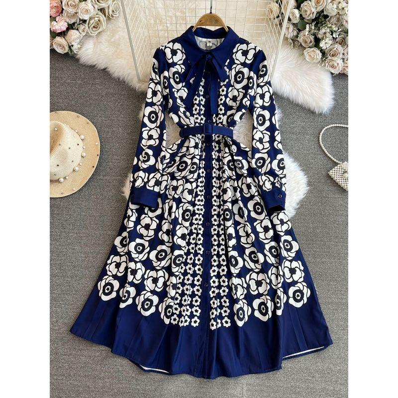 

Accessible Luxury Ladies Single-Breasted Positioning Print Dress Dark Blue 2XL