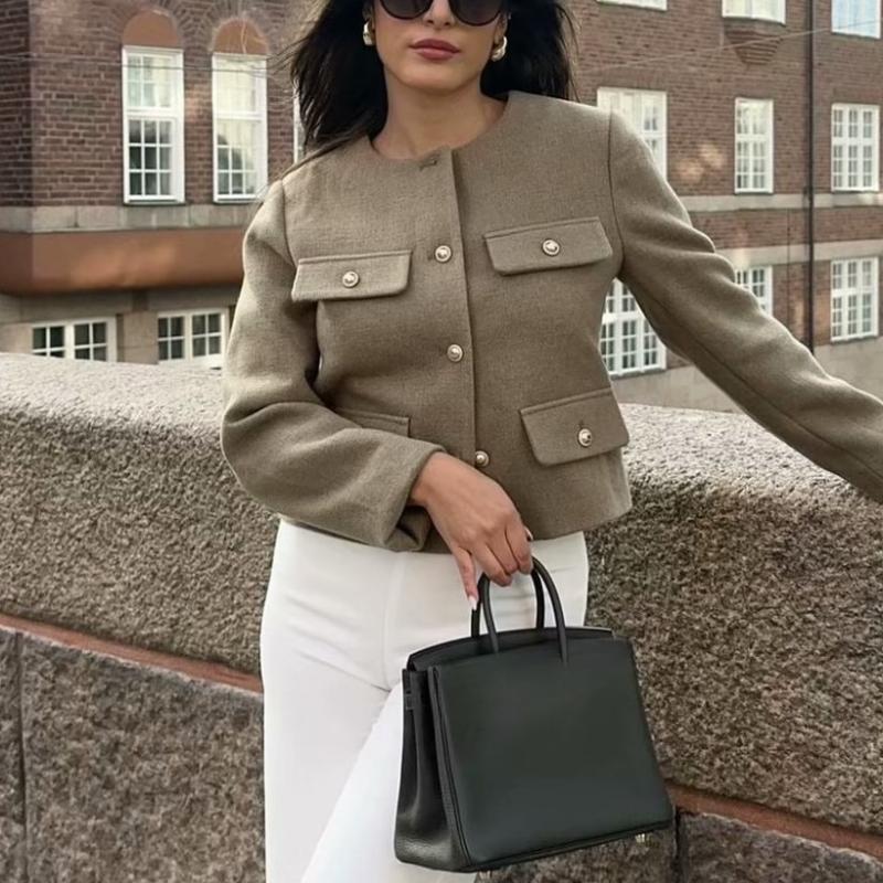 Women Fashion Autumn Winter Single-breasted Textured Round Neck Flip Pocket Short Jacket Coat Chic Ladies Tops Mujer
