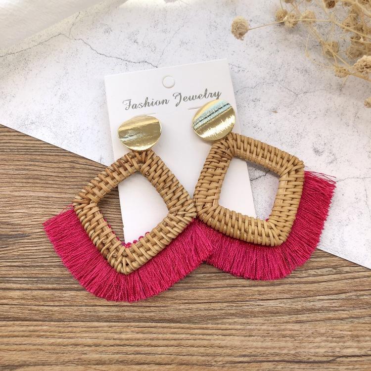 Holiday Style Handmade Grass Rattan Woven Earrings Retro Fringed Simple Stud Earrings Temperament Versatile Women's Earrings