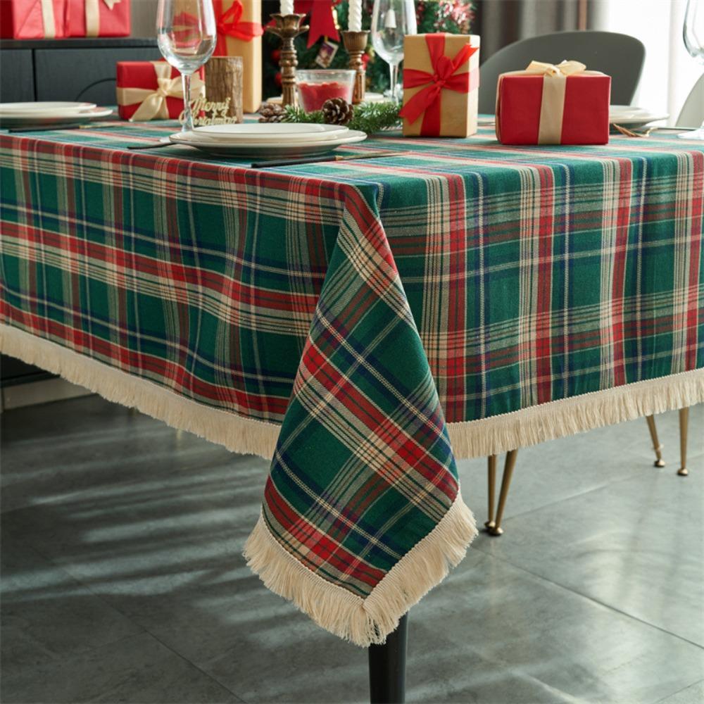 Vintage Red Green Checkered Tablecloth Christmas Plaid Square Table Cover with Fringe for Party Dining Decor