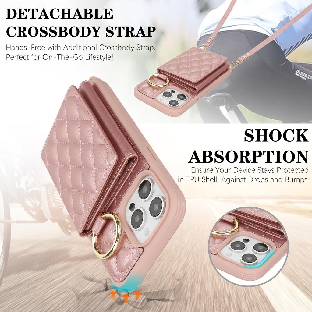 For iPhone 14 Pro Case with Lanyard/Mirror/Card Holder Grids Pattern RFID Blocking Phone Cover