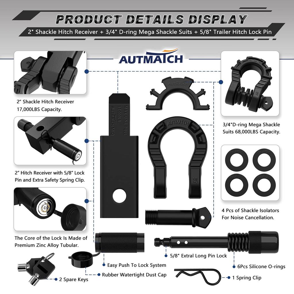 AUTMATCH Shackle Hitch Receiver with and Mega Shackles and Trailer Hitch Lock Vehicle Recovery Receiver Kit with a kg Break Matte Black Mega Shackle
