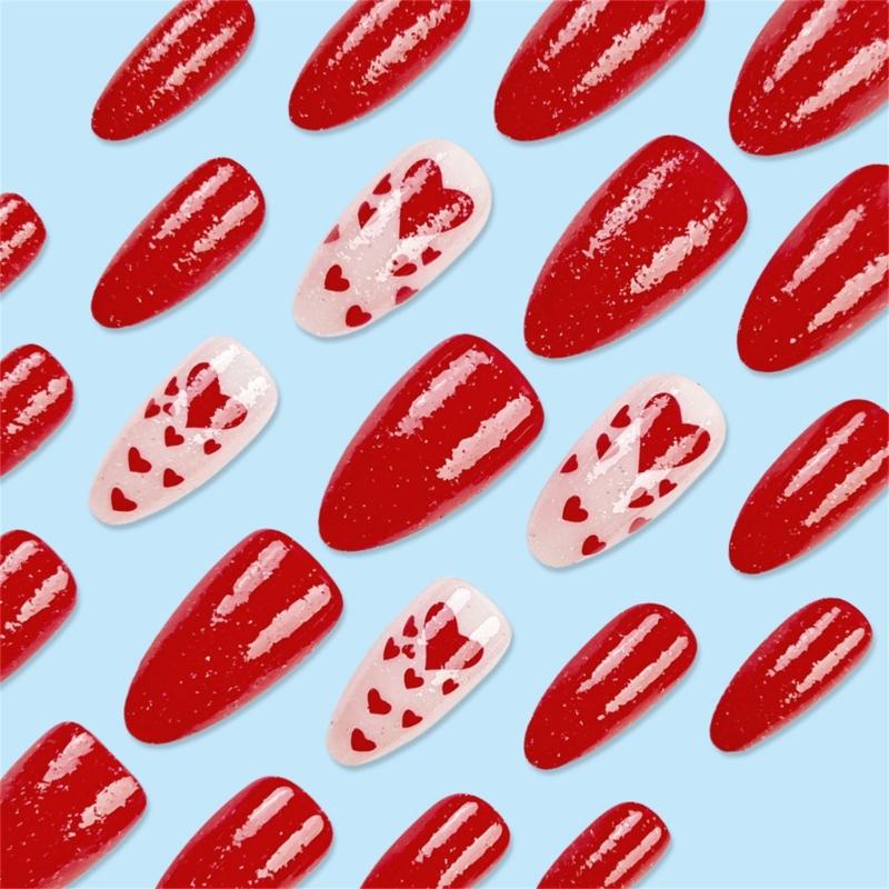 24 Pcs Glittering Full Cover Stick on Nail Valentines Day False Nail Press On Nail Almond Shape Artificial Nail
