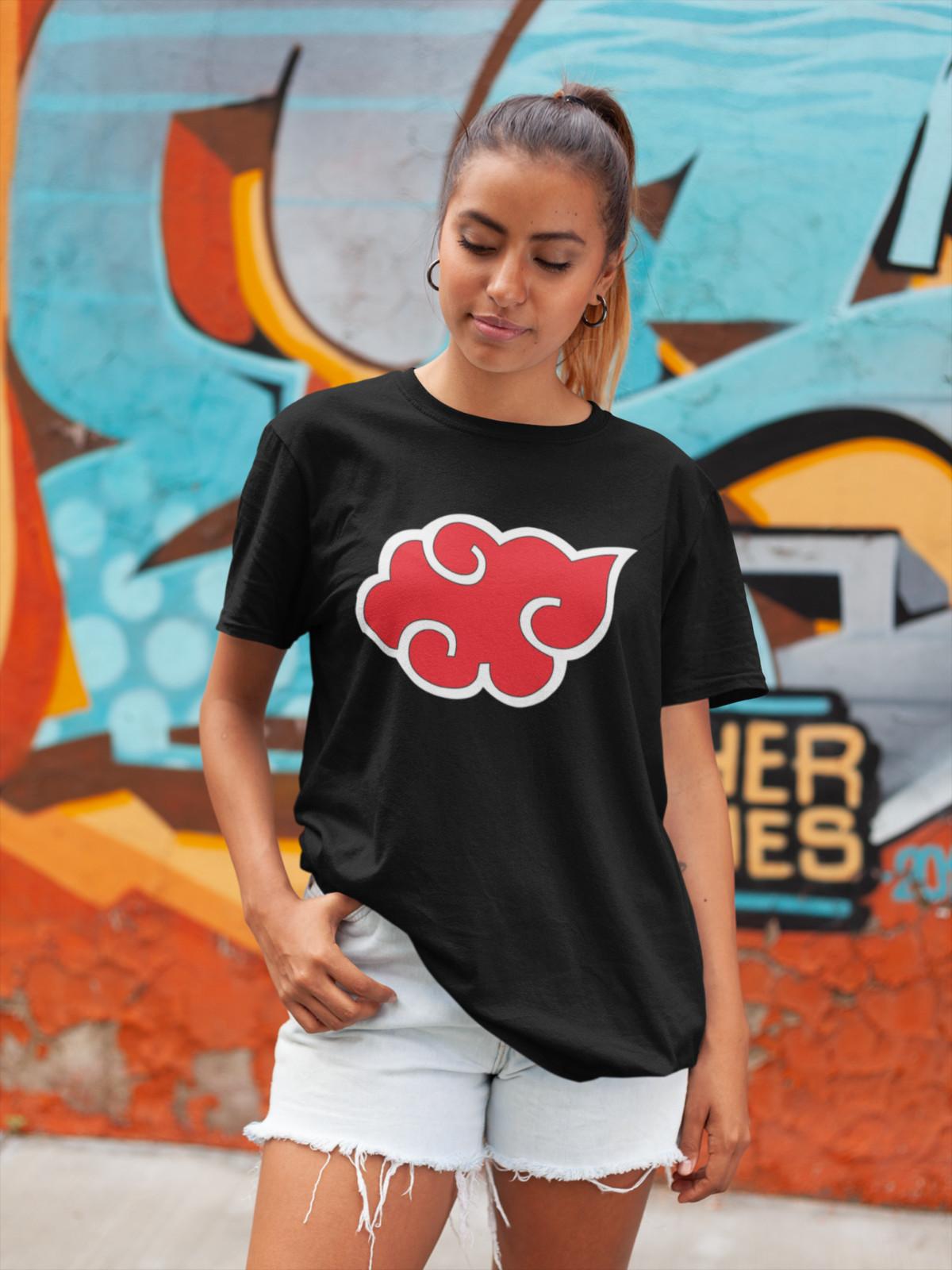 

T-Shirt Mens Womens Tees Top Damen Oversize Naruto Akatsuki Logo Rote Wolken und Ring Symbole Anime S